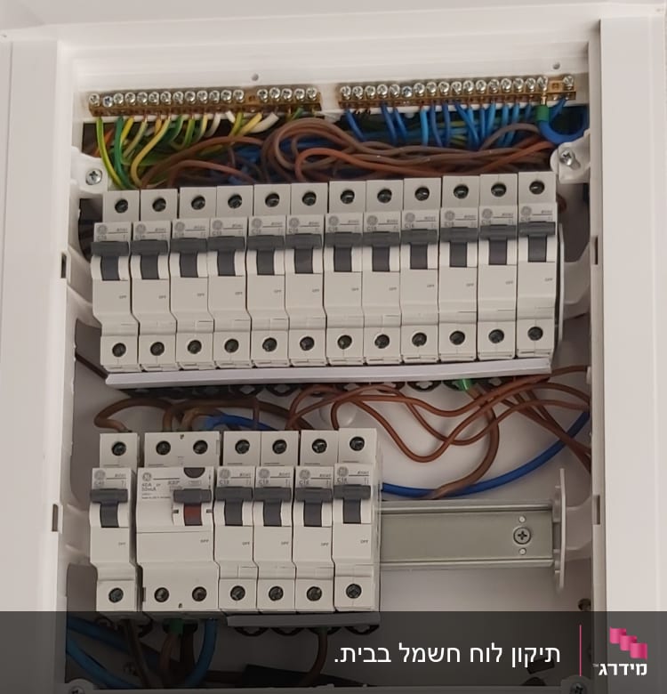 לוח חשמל עם מפסקים וחוטי חשמל צבעוניים